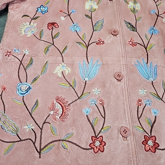 DIALOGUE RARE PINK 100% GENUINE LEATHER / SUEDE BLAZER FLOWERED JACKET SIZE S - Picture 7 of 8